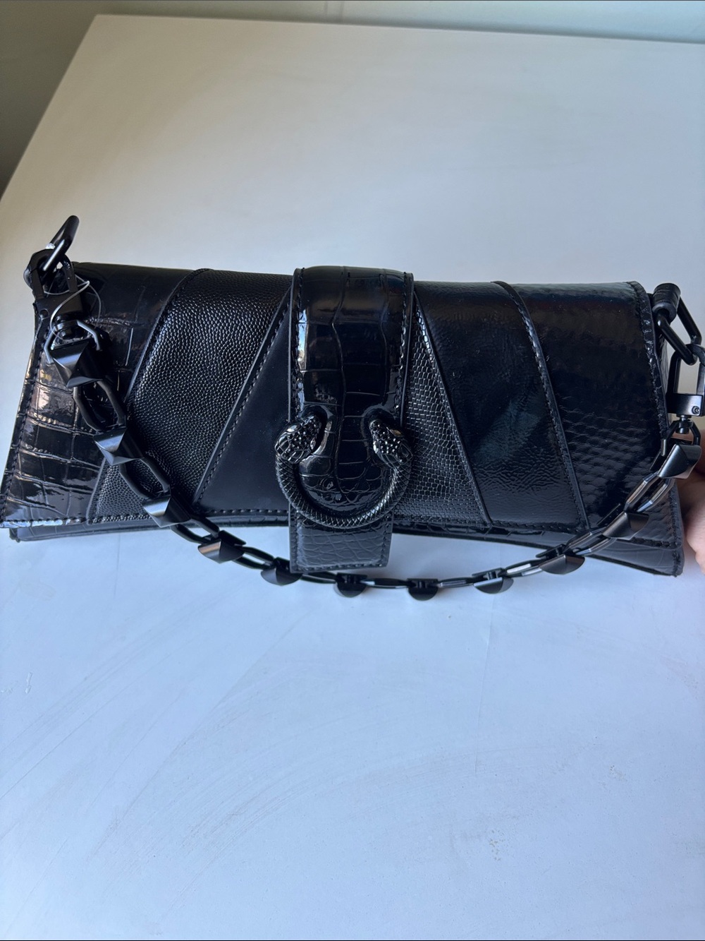 Black Women's Leather Crossbody Clutch - Sleek Croc-Textured Design